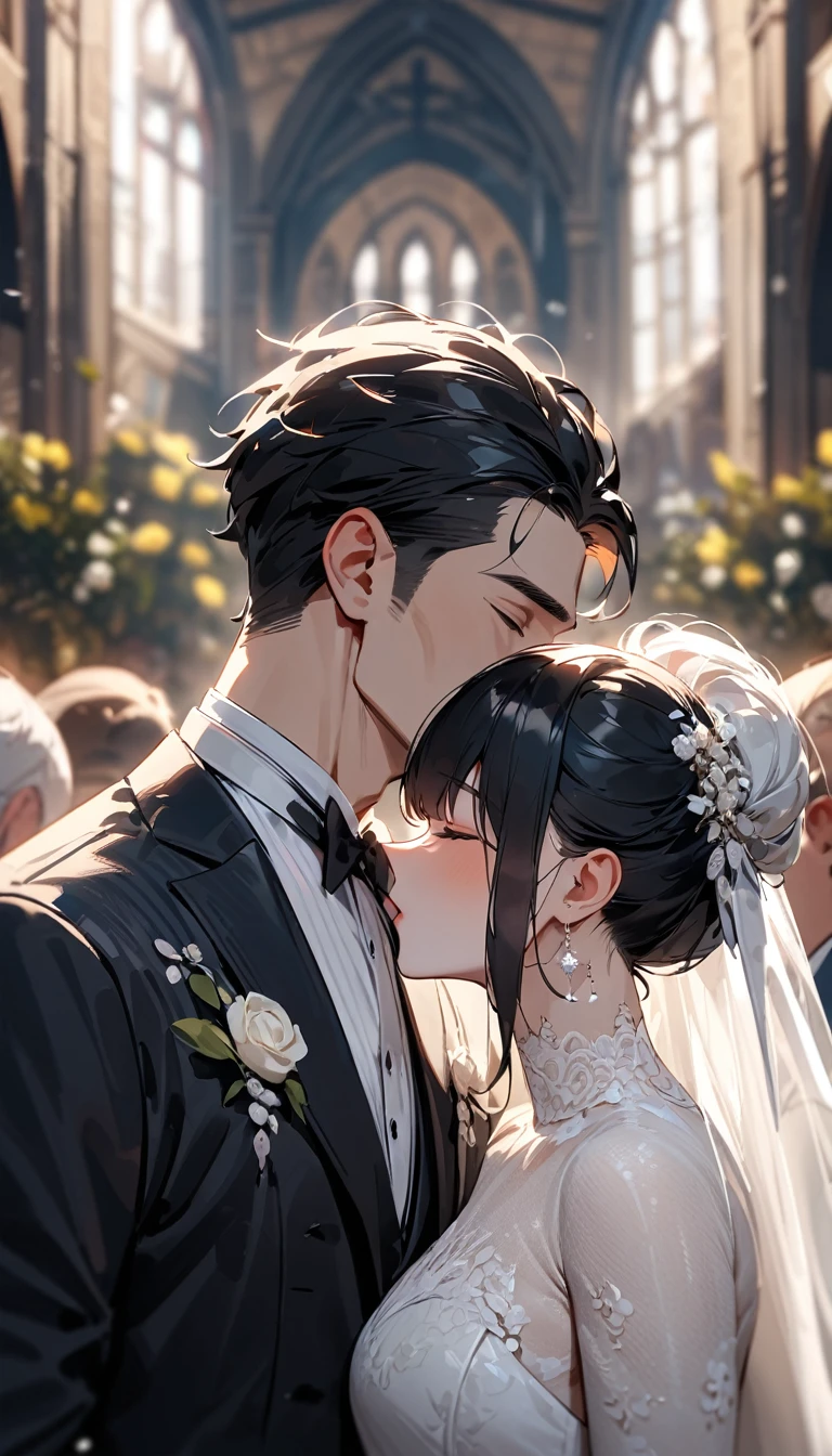 masterpiece, textured skin, high details, award winning, best quality, highres, 4K, (((head shot))),Beautiful groom and bride,groom in black hair, tall. Handsome,close eyes, bride in white hair, cute, close eyes,  Lined up next to each other,kiss eash others,wedding,People who bless those around,Inside the church,Happy atmosphere,Blurred background