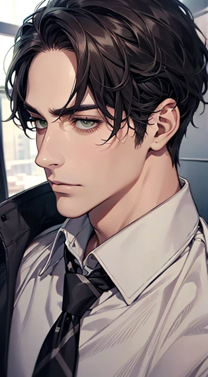 (Highest quality,4K,8K,High resolution,masterpiece:1.2),Super detailed,(Realistic,photoRealistic,photo-Realistic:1.37),1 person,35 years old,Mature Men,Beautiful skin、very handsome,Expressionless,Short gray Black hair,green eyes,Sharp Eyes,A perfect face without a doubt,Businessman, CEO, Office Background,Cinema Lighting,HDR image,tie、