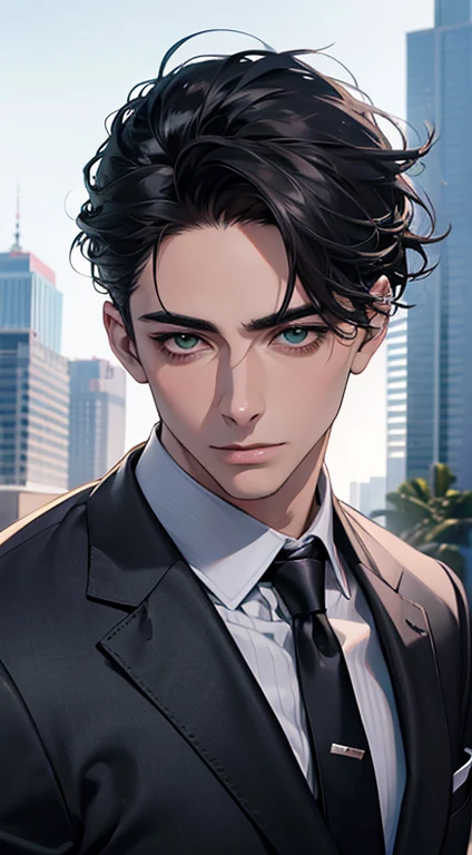 (Highest quality,4K,8K,High resolution,masterpiece:1.2),Super detailed,(Realistic,photoRealistic,photo-Realistic:1.37),1 person,35 years old, Men,Beautiful skin、very handsome,Expressionless,Short gray Black hair,green eyes,Sharp Eyes,A perfect face without a doubt,Businessman, CEO, Office Background,Cinema Lighting,HDR image,tie、