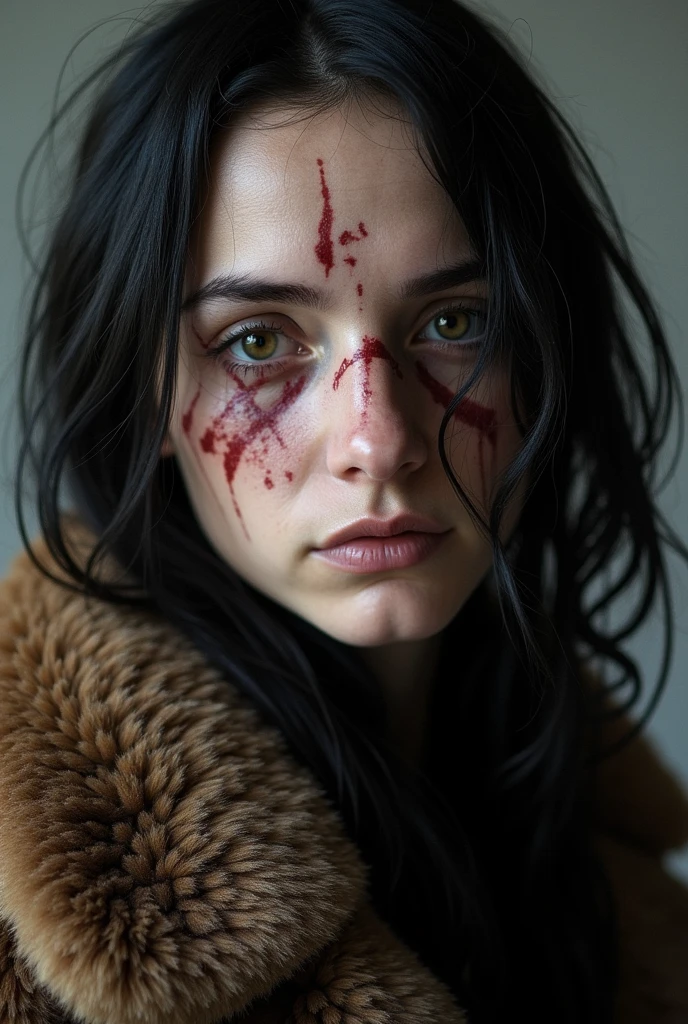 29 year old woman, wild black hair down to her shoulders, scars all over his body, especially one in the shape of an 'X' on his eye which is white and completely blind, his other eye is healthy, His face has other scars. She is thin and tall, but corpulent and endowed, She is dressed in a brown Russian fur coat