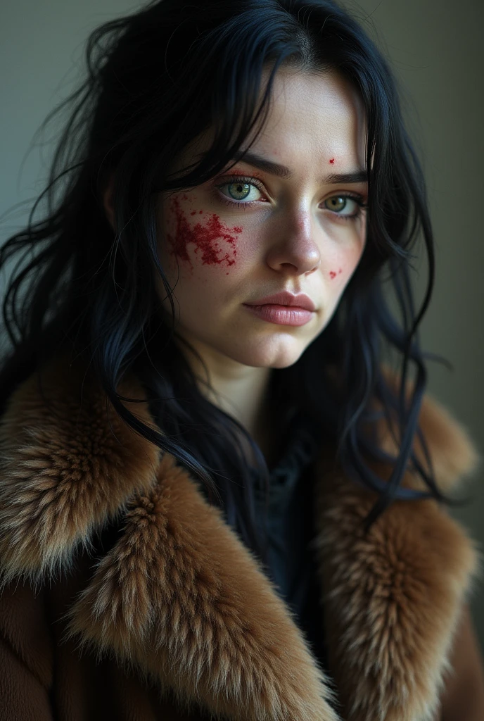  29 year old woman, wild black hair down to her shoulders, scars all over his body, especially one in the shape of an &#39;X&#39; on his eye which is white and completely blind, his other eye is healthy, His face has other scars. She is thin and tall, but corpulent and endowed, She is dressed in a brown Russian fur coat