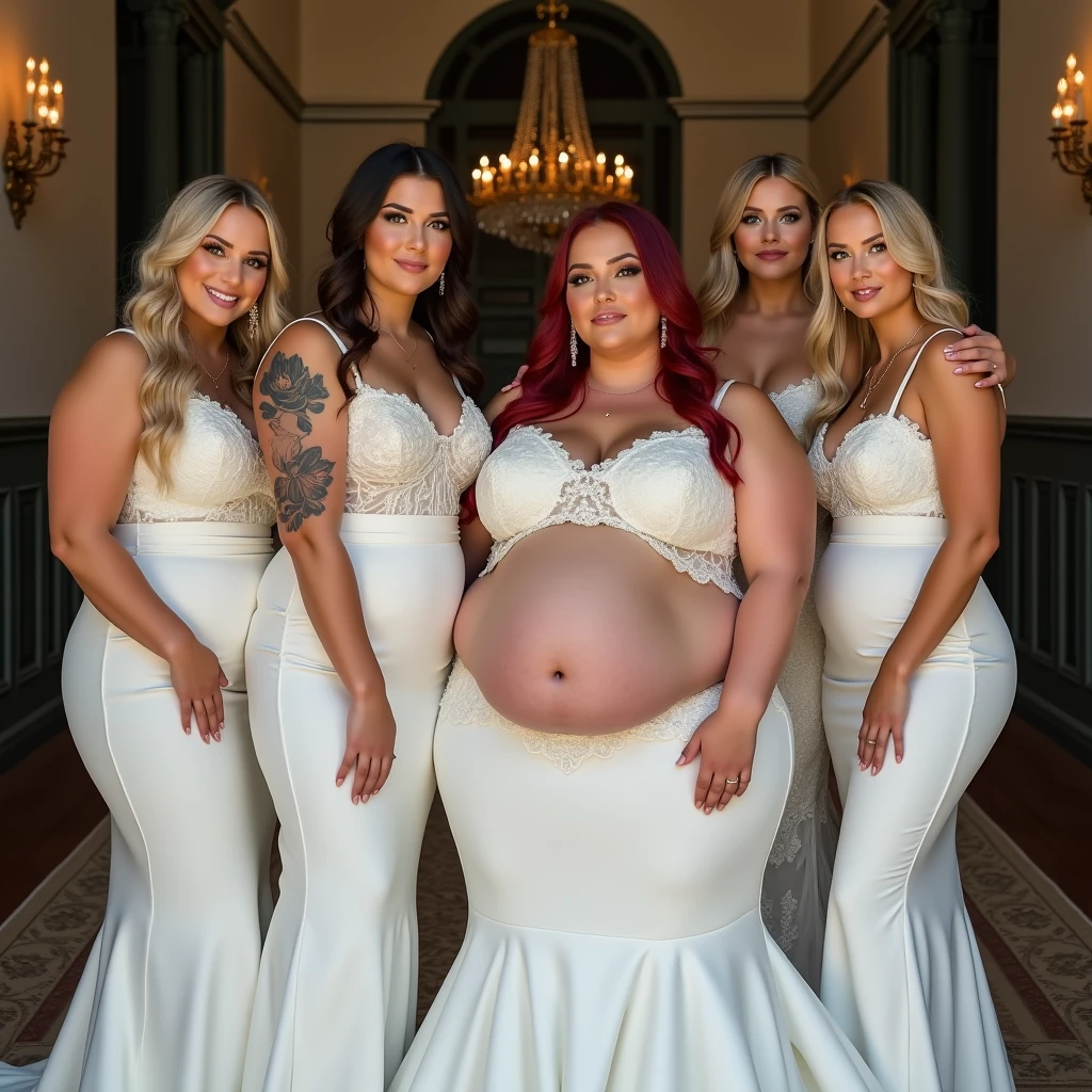 Five women are obese, weighing 200kg, with lots of belly fat, and look like Tess Holliday, they are former models and have beautiful faces, they are wearing pure white mermaid wedding dresses with big bellies, they are obese American female sumo wrestlers with very large bellies, they have eaten too much and their bellies are bloated and covered with a lot of fat, they have beautifully saggy bellies and tattoos around their navels, they are in a fancy wedding venue, 4K quality, low angle