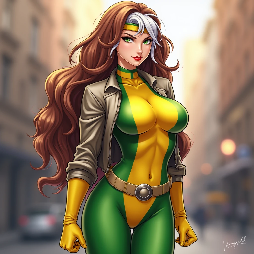 good anatomy, masterpiece, best quality, bokeh, depth of field, highres, high quality, 1girl,
X_MENs_Rogue,
long hair,breasts,brown hair,green eyes,lipstick,makeup,lips,white hair,two-tone hair,headband,wavy hair,large breasts,messy hair,curly hair,big_hair,
yellow bodysuit,jacket,gloves,belt,yellow gloves,green bodysuit,bodysuit,multicolored bodysuit,superhero, skin tight,multicolored clothes,