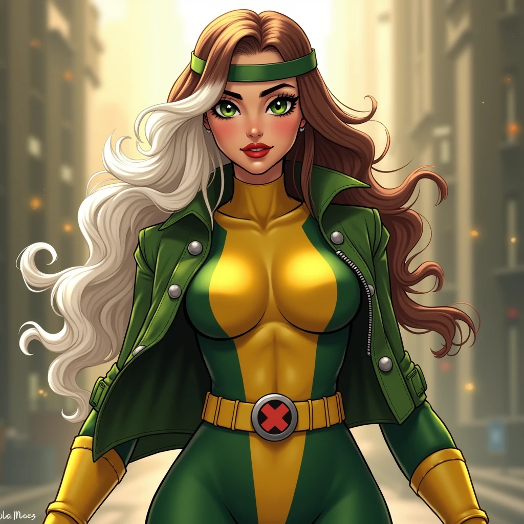 good anatomy, masterpiece, best quality, bokeh, depth of field, highres, high quality, 1girl,
X_MENs_Rogue,
long hair,breasts,brown hair,green eyes,lipstick,makeup,lips,white hair,two-tone hair,headband,wavy hair,large breasts,messy hair,curly hair,big_hair,
yellow bodysuit,jacket,gloves,belt,yellow gloves,green bodysuit,bodysuit,multicolored bodysuit,superhero, skin tight,multicolored clothes,