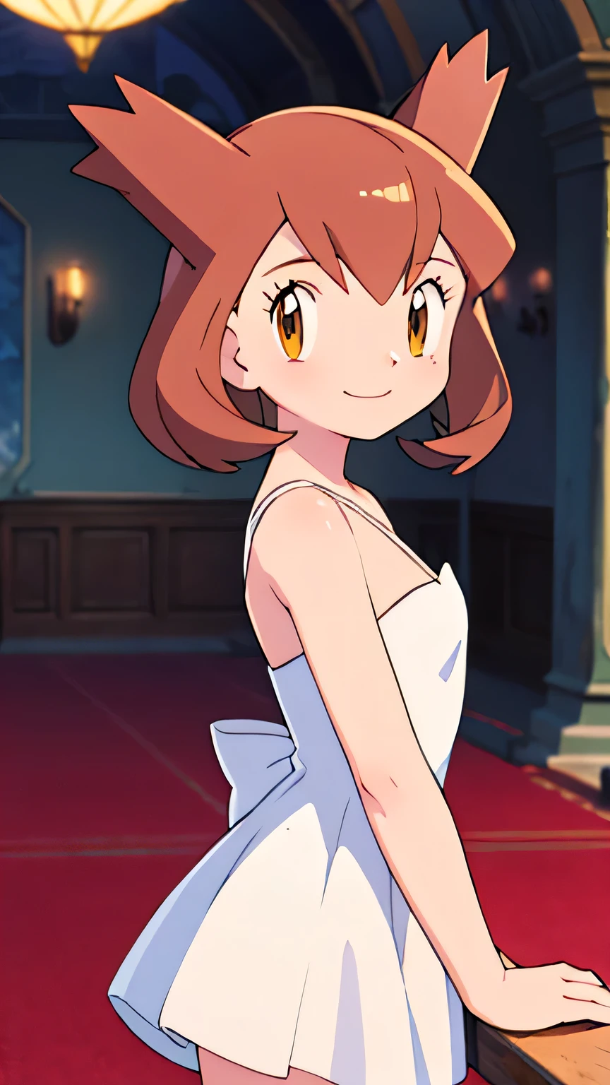 masterpiece, best quality, ultra-detailed, illustration, beautiful detailed eyes, very detailed illustration, cinematic lighting, 1 girl, solo, Pokemon Heroes (Bianca), Brown Hair, brown eyes, bare shoulders, bare neck, strip sleeveless white dress, smile, interior ballroom, cowboy shot, facing viewer, absurdres, Teenager, window of a beautiful sundown, arms at sides.
