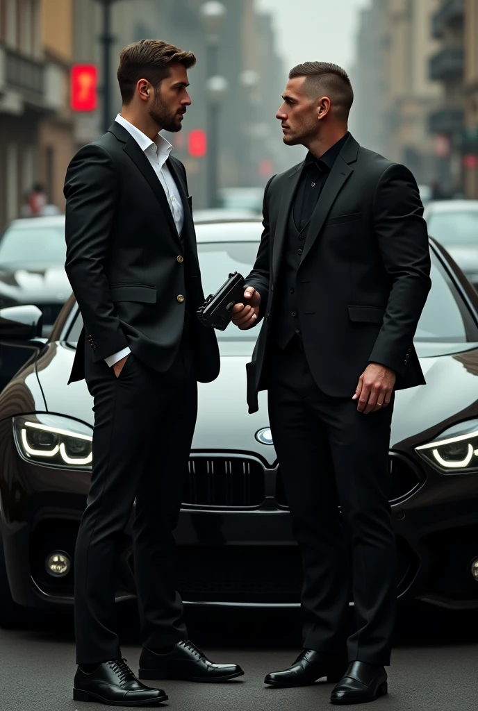 2 men one is fit and second is a gym guy make a professional photo with black suit and gun in hand with a back of cars
