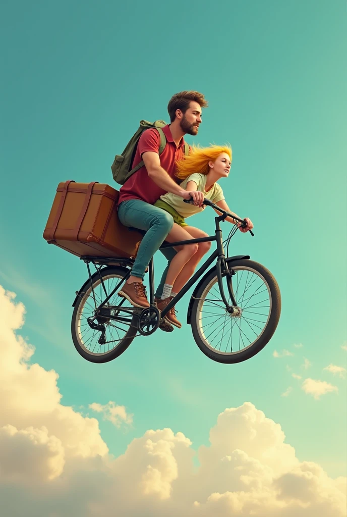 Create a black shopper bike with suitcases with a tall man and a short woman with yellow hair riding towards the sky