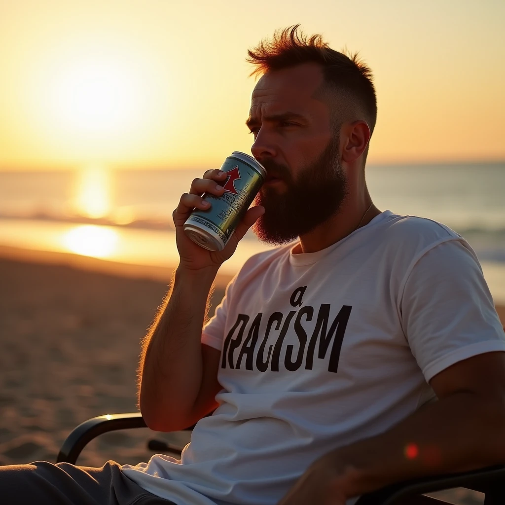 「PROPMAN」He is wearing a T-shirt that says "I'm a racist" and is sitting on a beach bench drinking a can of beer.、Bearded man in his 40s, sunset