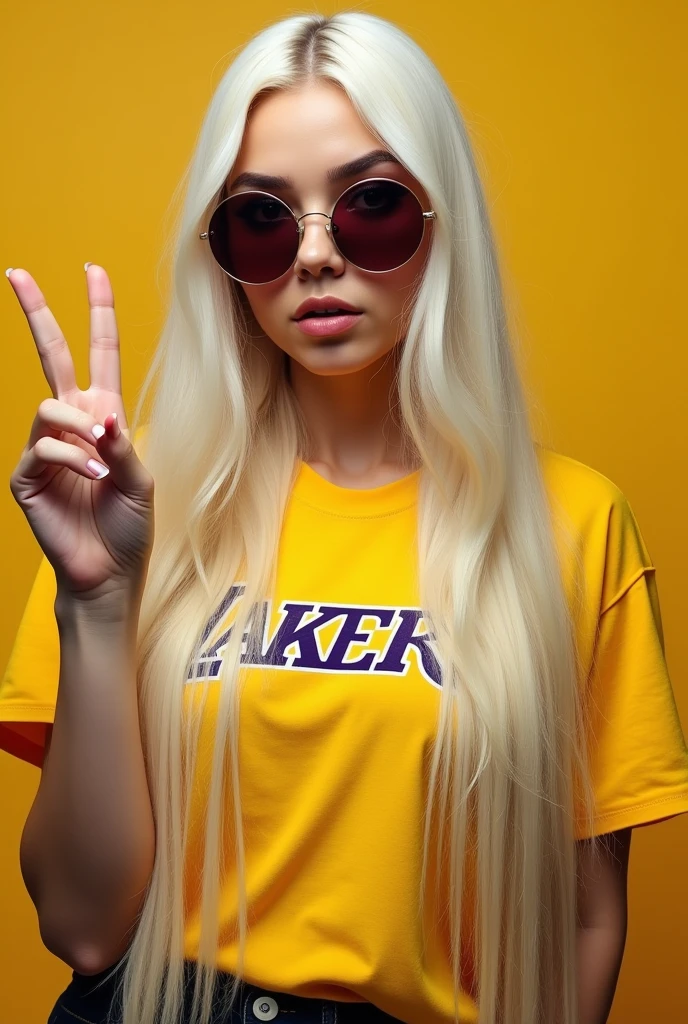masterpiece, high quality, 4K, Beautiful design, (from the front, Whole body),Award-winning photo, Very detailed, wonderful, The finer details, Absurd, Very detailed女性, (small breasts:1.5),Wear sunglasses、Arabian woman in a yellow shirt making a peace sign, Color photography inspired by Ion Andreescu, Trending on Reddit, Pop Art, 4K&#39;&#39;, Eva Max, Ridiculously long blonde hair, Long blonde hair and big eyes, Low quality video, Wearing the NBA jersey, Her hair is white, Twitch Emotes, She wears streetwear