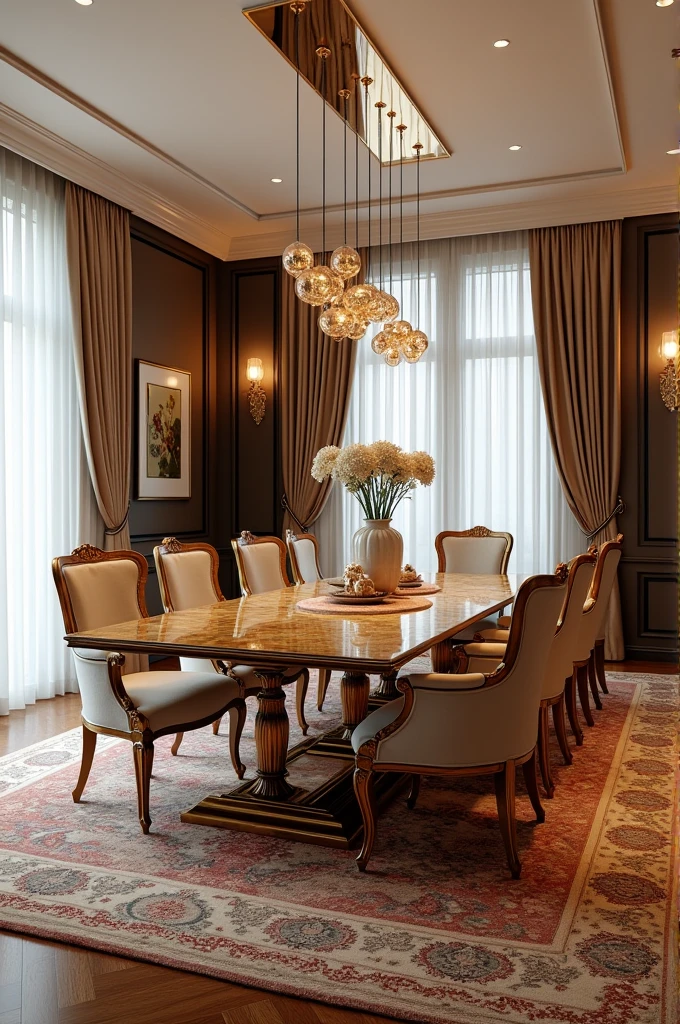 Professional 3d architecture rendering design of modern and French design for living room and dining room with elegant wooden with gold dining table and eight  elegant French chairs and silk Persian carpet and elegant curtains and clothes wall 