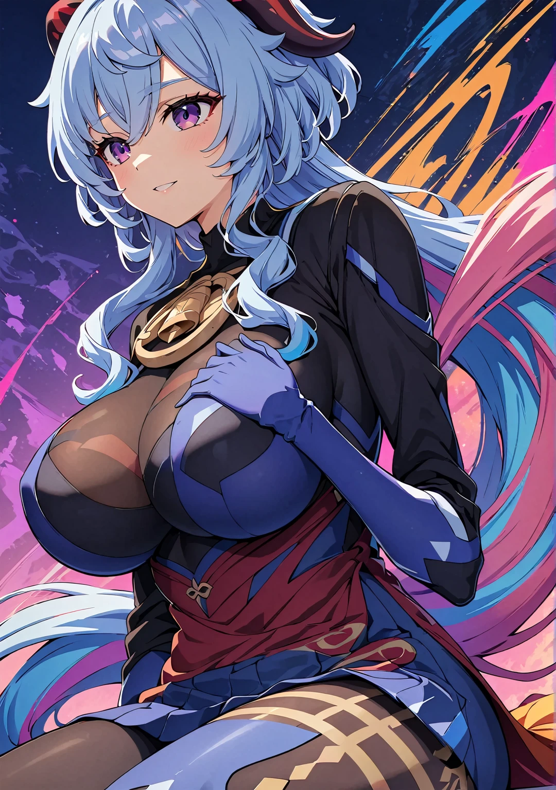 (Anime artwork, Anime Style, Studio Anime, Very detailed, Latest, Vibrant, Anime Coloring, High Contrast, masterpiece:1.2, Highest quality, Best aesthetics), (1 girl), ganyu \(genshin impact\), Purple eyes, long hair, light blue hair that ends in shades of darker blue, long ponytail, Brownish horns with red engravings, turn backwards, Color Connection, Colored, Vibrant color scheme, colorful, large Breasts, Kneel: 1.2, ((Cyber Headset, Mechanical bodysuit:1.2, cyberware:1.1)), Detailed Headset, Upward glance, Top view, Sitting, Purple bodysuit, Perfect Proportions, Very soft breast expression, large breasts, Skin with attention to detail, cute, Detailed face, (Exquisite detail on the hands, Exquisite finger detailing, Five fingers of the hand), (Futuristic Background), (((chromatic aberration, Abstract, Colorful backgrounds))),