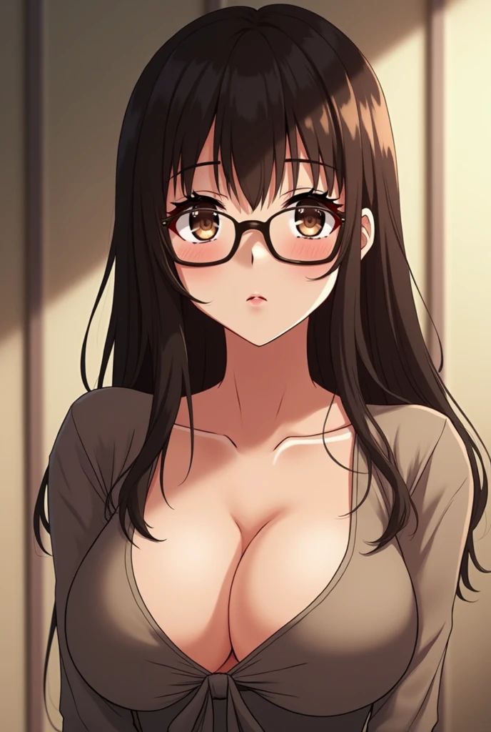 Generate an anime character of a girl with the following traits, light skin long straight hair without bangs and dark brown,  brown eyes with round face, who wears secretary glasses, I want her to have a shy and tender attitude but very sexy and provocative, to wear a low-cut top and notice very large breasts. I want her face to be rounder and very sexy. She has to be a little chubby.