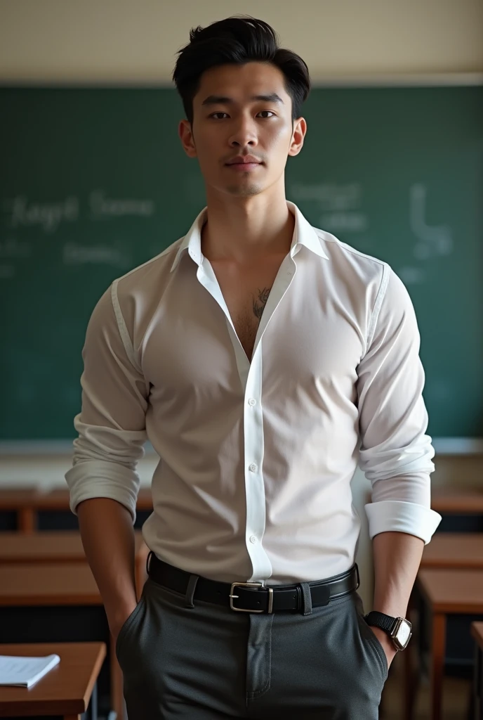 Asian man, 30years old, Handsome and elegant, Wearing a transparent shirt, sexy , Masculine and handsome,musculous,Muscles look good,hairy bodies, with fair skin, 黑The eye(thin eyes 1:3), Full body photo,(ultra-detailed, photorealistic, best quality, 4k, 8k, highres, masterpiece:1.3), a mature man, charming and distinguished , (muscular build body), wearing tailored shiny dress shirt, with the top button casually undone, perfectly fitted charcoal trousers, sweat, unbutton buttons shirt, ???? face ,tight chest, ???,See-through shirt, ??????, ?????, look straight, Accessories include a luxury wristwatch, understated cufflinks, and a simple yet elegant leather belt, in the Classroom,looking at viewer,muscle veins,create sexy poses