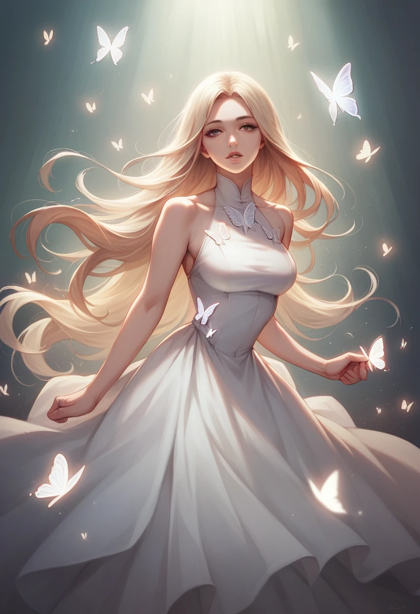 kinghere fensejiaren,1girl,butterfly,solo,dress,long hair,white butterfly,look at viewer,realistic,parted lips,white dress,lips,bare shoulders,(masterpiece:1,2),best quality,masterpiece,highres,original,extremely detailed wallpaper,perfect lighting,(extremely detailed CG:1.2,