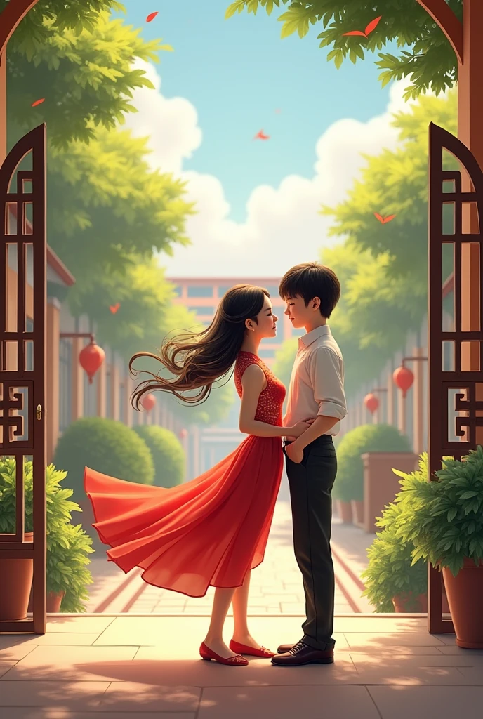 Student love in vietnam, the girl wears áo dài for student and the boy wears uniform, at school