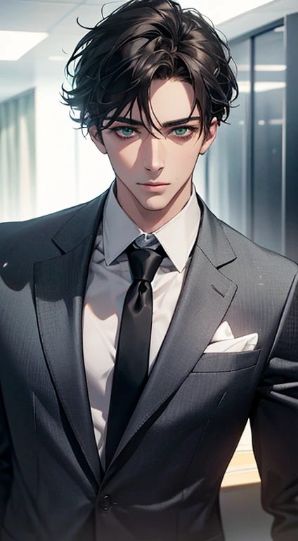 (Highest quality,4K,8K,High resolution,masterpiece:1.2),Super detailed,(Realistic,photoRealistic,photo-Realistic:1.37),1 person,35 years old,Mature Men,Beautiful skin、very handsome,Expressionless,Short gray Black hair,green eyes,Sharp Eyes,A perfect face without a doubt,Businessman, CEO, Office Background,Cinema Lighting,HDR image,tie、