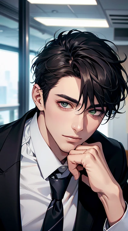 (Highest quality,4K,8K,High resolution,masterpiece:1.2),Super detailed,(Realistic,photoRealistic,photo-Realistic:1.37),1 person,35 years old,Mature Men,Beautiful skin、very handsome,Expressionless,Short gray Black hair,green eyes,Sharp Eyes,A perfect face without a doubt,Businessman, CEO, Office Background,Cinema Lighting,HDR image,tie、