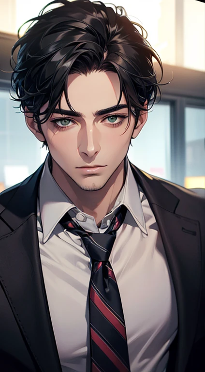 (Highest quality,4K,8K,High resolution,masterpiece:1.2),Super detailed,(Realistic,photoRealistic,photo-Realistic:1.37),1 person,35 years old,Mature Men,Beautiful skin、very handsome,Expressionless,Short gray Black hair,green eyes,Sharp Eyes,A perfect face without a doubt,Businessman, CEO, Office Background,Cinema Lighting,HDR image,tie、