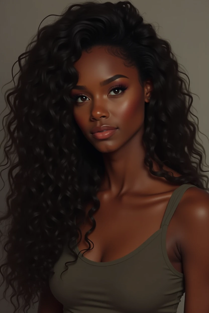 there is a black woman , the woman has, she has dark skin, with dark brownish skin, with long curly, long black loose moisturised curly hair she is flexible