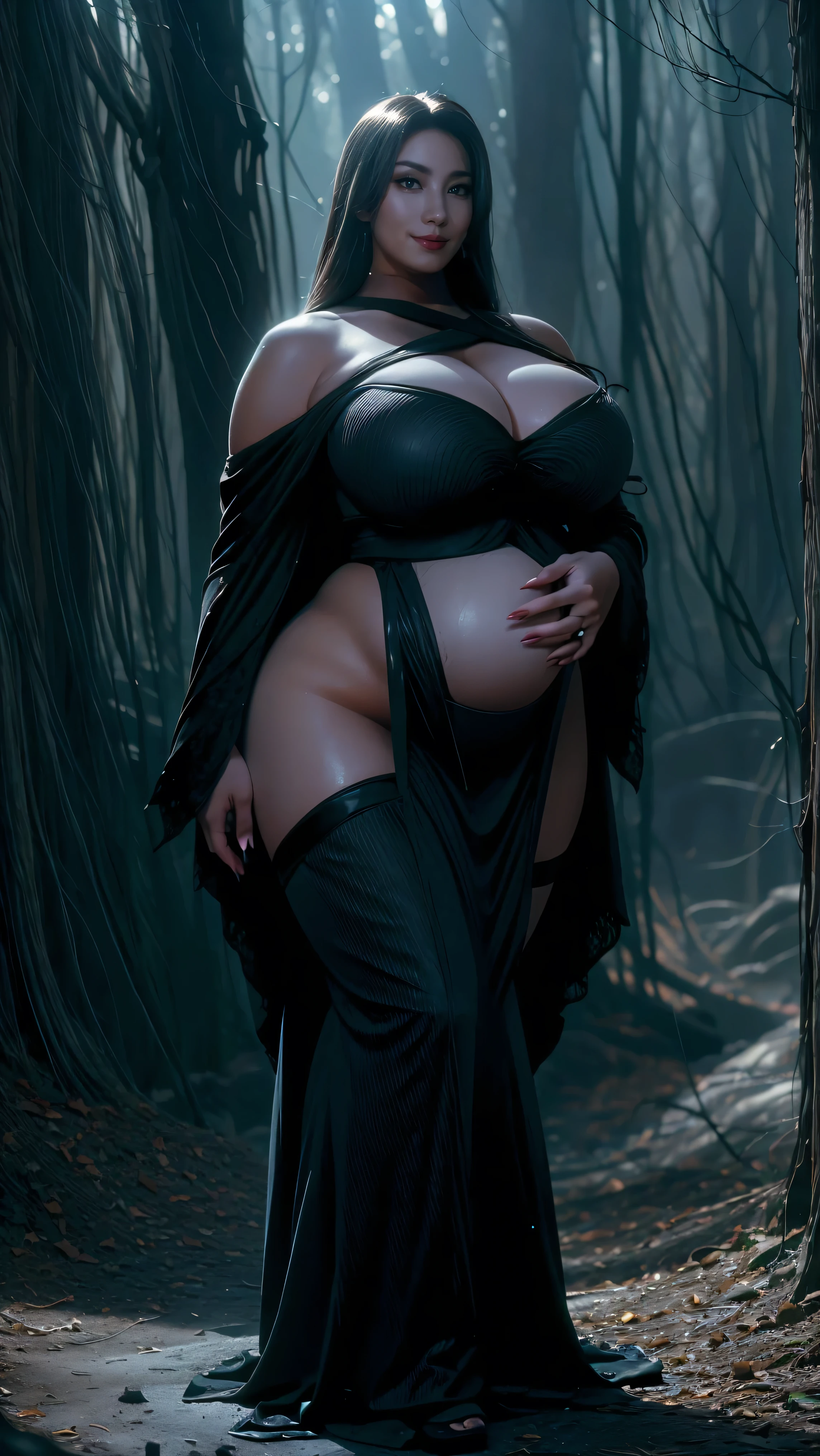 Beautiful middle-aged woman in a gray robe standing in a dark forest, Magnificent style, Octane Rendering, Desert Composition, Beautiful Face, Surreal, Oil on canvas, Award-winning, masterpiece, Trending on Art Station, Studio Ghibli、High heels、Full body portrait、The whole body is projected, (A sadistic smile of temptation), (Curvaceous), ( 信じられないほど大きくてCurvaceousのあるヒップ), (Incredibly thick thighs), (Shining skin), (Wet oily skin), Plus Size Model,Fat pregnant woman、Thick waist、Face of a middle-aged woman with a plump body、Beautiful expression、Big Belly、A 55-year-old pregnant middle-aged woman,