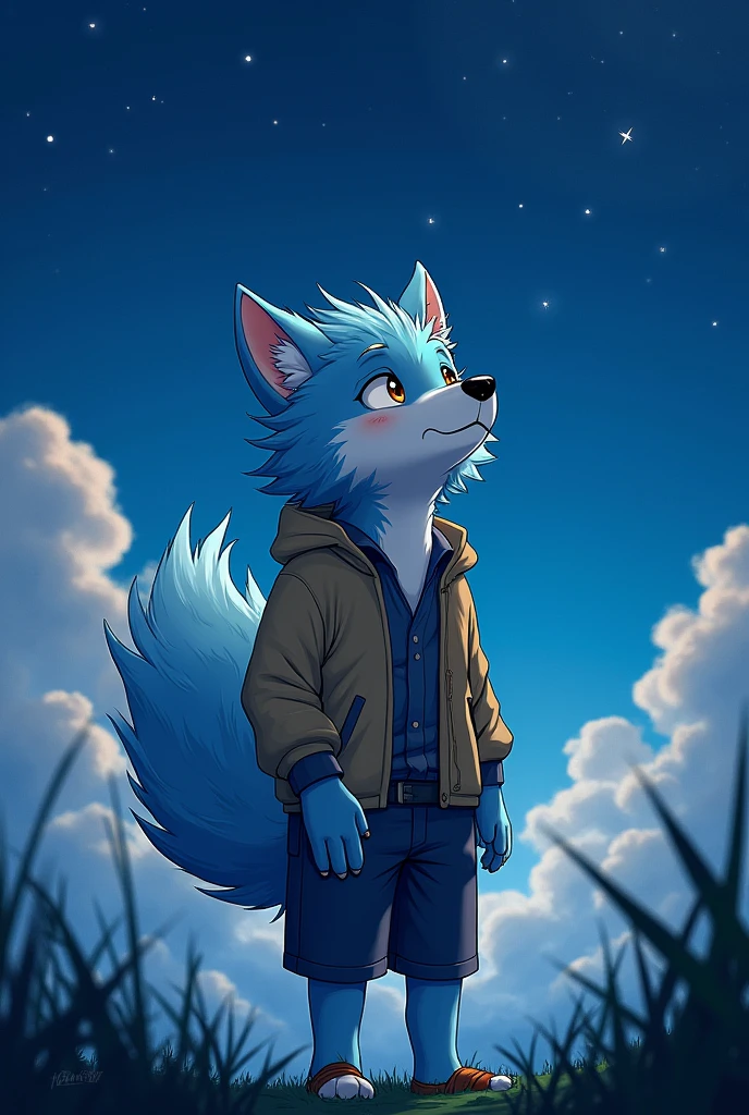 hairy、Adult male、Ultra-HD 4K Fan Art、hairy的、Bright Eyes,hairy的 tail,Slightly sad,Stargazing at night,Canines,Light blue fur,Alone,Wear casual clothing