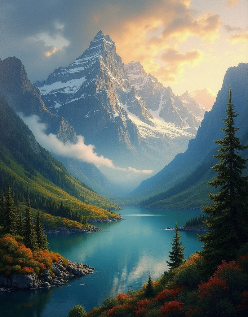 A beautiful landscape oil painting, detailed mountains and forests, serene lake, dramatic clouds, warm lighting, photorealistic, (max best quality,16k,ultra highres,top masterpiece:1.2),ultra-detailed,(ultra realistic,ultra photorealistic,ultra photo-realistic:1.37),HDR,UHD,studio lighting,ultra-fine painting,sharp focus,physically-based rendering,extreme detail description,professional,vivid colors,landscape,dramatic,atmospheric,moody,cinematic