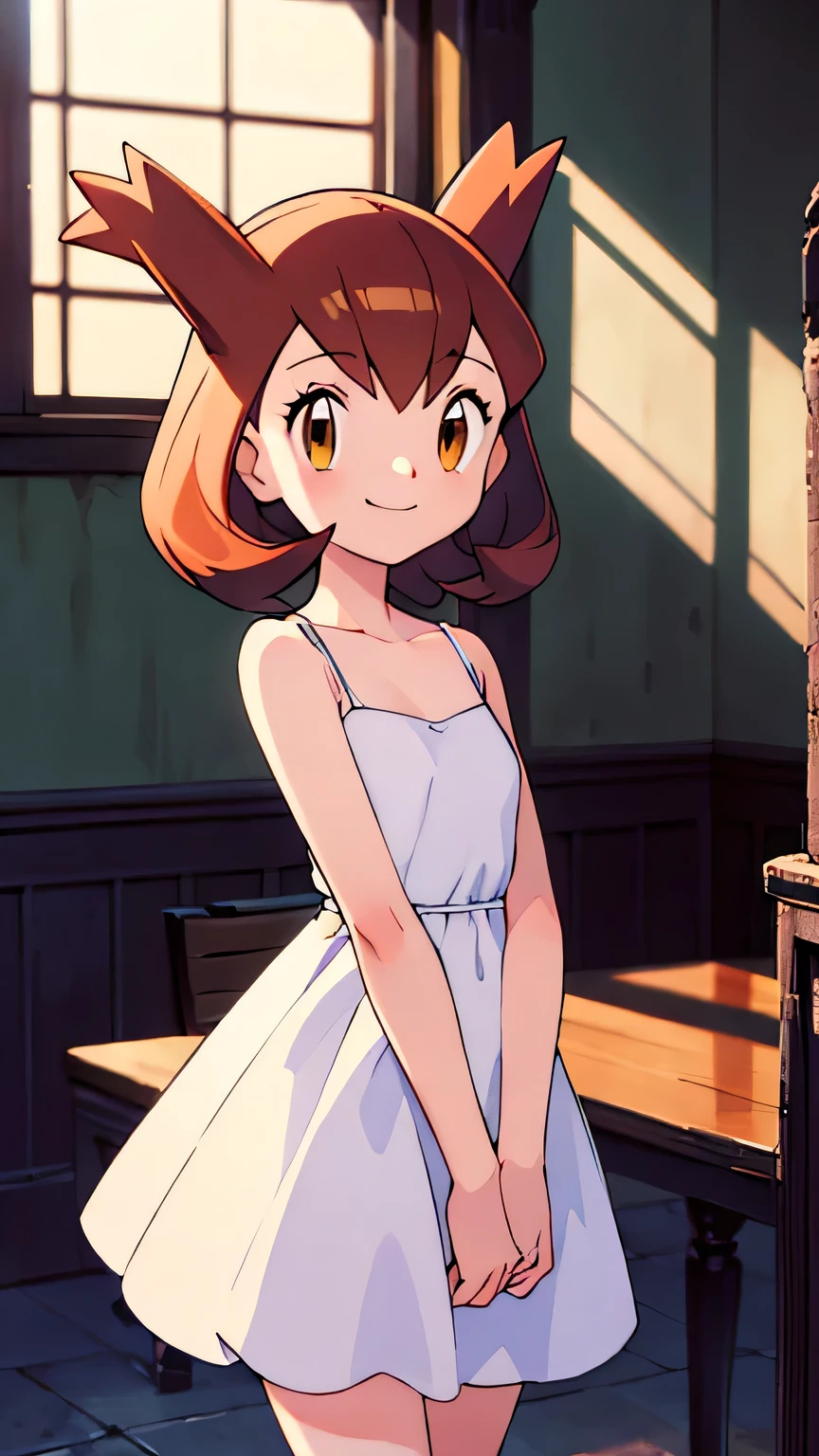 masterpiece, best quality, ultra-detailed, illustration, beautiful detailed eyes, very detailed illustration, cinematic lighting, 1 girl, solo, Pokemon Heroes (Bianca), Brown Hair, brown eyes, bare shoulders, bare neck, strip sleeveless white dress, smile, interior ballroom, cowboy shot, facing viewer, absurdres, r, window of a beautiful sundown, arms at sides.
