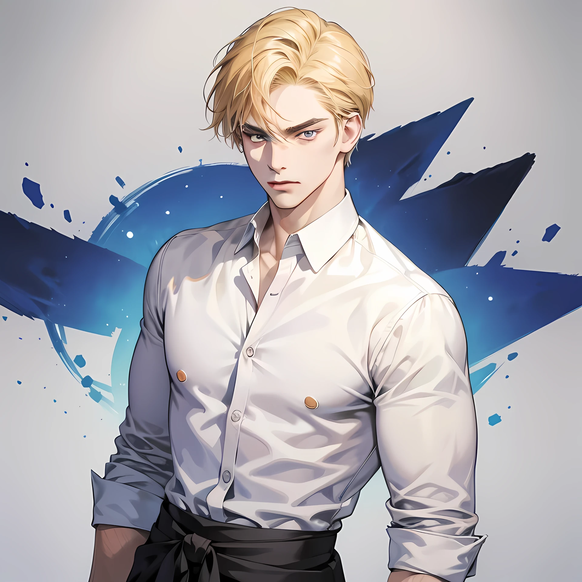 Masterpiece, high quality, best quality, HD, realistic, perfect lighting, detailed lean body, {{1 man}}, perfect symmetrical eyes, ((extremely angry expression))short hair, golden blonde Hair, causal pastel shirt, set plain background, ((draw till waist))
