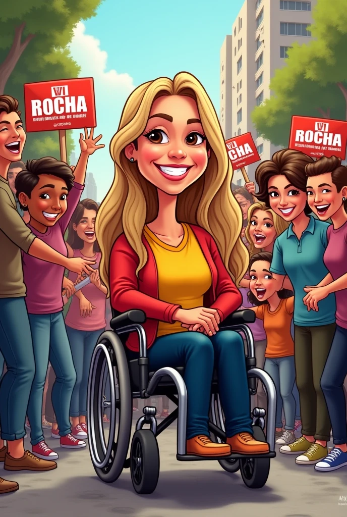 I am a wheelchair user, white, have brown eyes and long blond and dark hair and I am a candidate for councilor.. I would like you to create a caricature of a wheelchair user in the front with a yellow and red blouse and me happy and the people behind vibrating and happy and many people without disabilities and also wheelchair users men, women and children and holding signs with the name VI Rocha