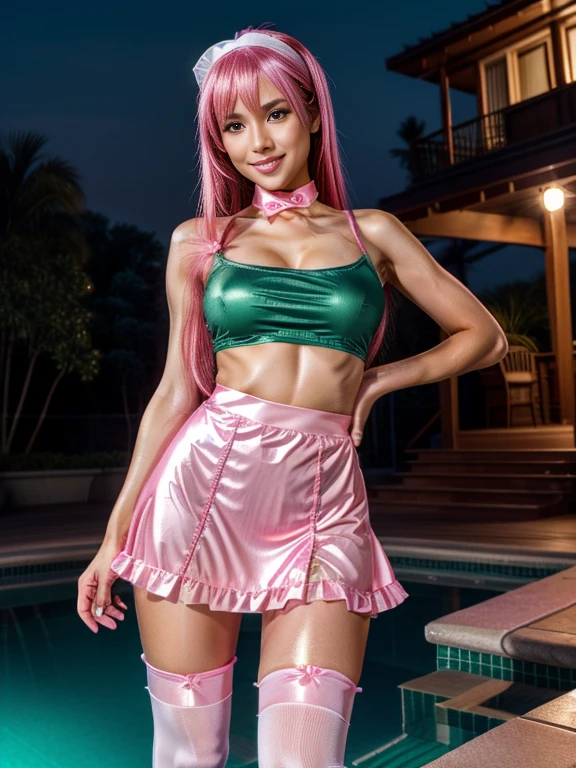 One Girl, Age 35, alone, ((long dark green hair 1.4)), ((Sweaty 1.5)),((Shiny skin 1.4)),((Thighs)), Brown eyes, ((Pink miniskirt maid outfit 1.5)),((Knee-high socks 1.4)),whole body, bangs, Realistic,((Small Breasts 1.2)), 4K, Highest quality, Slender beauty, Extremely clear images, 8k, Beautiful pose, Photo session、((Cute pink maid outfit))、smile、Straight hair,((Night Pool Background))