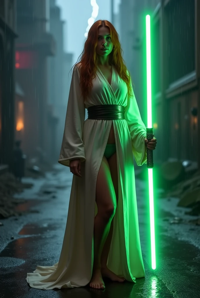 (full body shot:1) photorealistic image of a (standing pose:1) woman, ultrarealistic, photography, long red hair, woman, 24 years old, hourglass figure, perfect body, seductive look, natural medium breasts, blur background, in complete darkness, she is wearing a light jedi robe, she is holding a green lightsaber, the lightsaber is the only lightsource, on a dark destroyed space colony outside, it is raining, there is lightning in the background, she is standing there and protecting people, she is deflecting laser shots from stormtroopers with her lightsaber, long sexy legs, wet clothes, wet hair