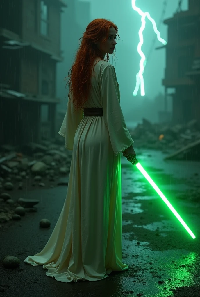(full body shot:1) photorealistic image of a (standing pose:1) woman, ultrarealistic, photography, long red hair, woman, 24 years old, hourglass figure, perfect body, seductive look, natural medium breasts, blur background, in complete darkness, she is wearing a light jedi robe, she is holding a green lightsaber, the lightsaber is the only lightsource, on a dark destroyed space colony outside, it is raining, there is lightning in the background, she is standing there and protecting people, she is deflecting laser shots from stormtroopers with her lightsaber, long sexy legs, wet clothes, wet hair