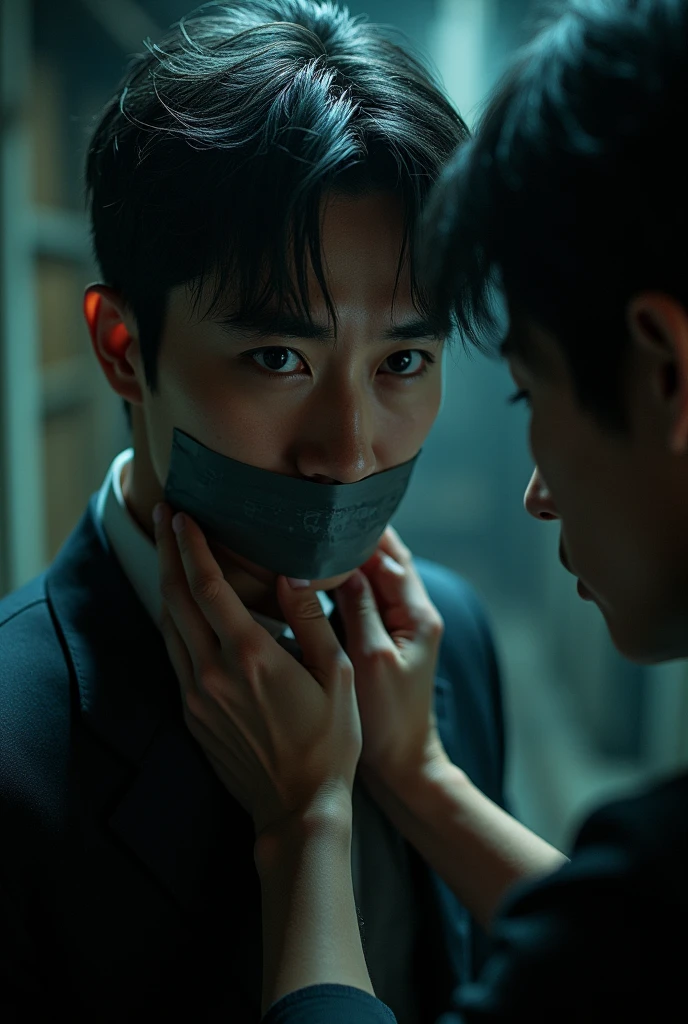A handsome Japanese man has his mouth covered with duct tape by a stranger