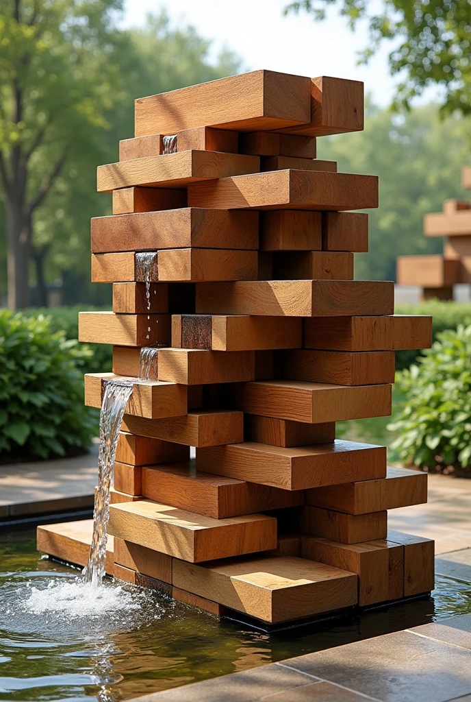 Water fountain made from 128 Jenga-sized wooden pieces
