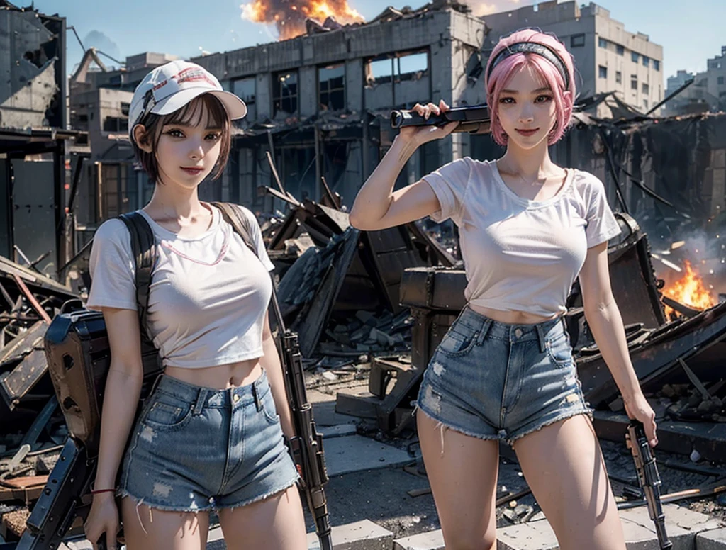 (Top quality,ultra HD,lifelike: 1.4)(Cowboy Shooter 1),Beautiful armed girl, (K-Pop Idol) ,Detailed face,opposition,Perfect anatomy,Smooth skin,Professional lighting, ((Wearing a white T-shirt,Pink cap,Denim shorts,Short hair girl,High-tech headphones,),Victory in battle,Back to the audience,Back to the audience,Smile of victory(background,Destroyed buildings,Fire, (Huge explosion) ) ,Full body close-up, (Holding weapon, Holding rifle, Purposeing, Purpose:1.2), gun, H&k hk416, Stable gun, Fire