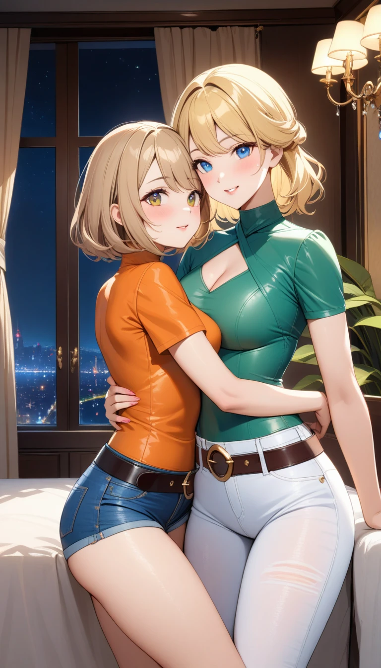 Two beautiful ladies ((lady 1: 35y old mom, with short straight blonde hair, lady 1 with blue eyes and caucasian skin, lady 1 wearing Tight Jeans and Leather Belt, lady 1 Sexy Criss Cross Mock Neck Short Sleeves Orange Blouse)), ((lady 2: 13y old daughter, with short straight blonde hair, lady 2 with blue eyes and caucasian skin, lady 2 wearing Tight Jean Shorts and Leather Belt, lady 2 Sexy Criss Cross Mock Neck Short Sleeves Green Blouse)), luxurious jewelry, 18k gold wedding ring on left hand, standing in their bedroom at night, hugging and kissing each other, (light brown lipstick), (elegant mascara), (slim body), (small breasts), (wide hips), endjourney, <lora:GoodHands-, <lora:GoodLegs-, UHD, high resolution, (expressive eyes, perfect face, full body, expressive face, perfect body, perfect pussy, athletic, fit, slim body, blushing, Perfect makeup, eyeliner, beautiful eyelashes, smiling, horny face), ((best illumination, best shadows)), ((sexy pose)), ((Front pov:1.1))