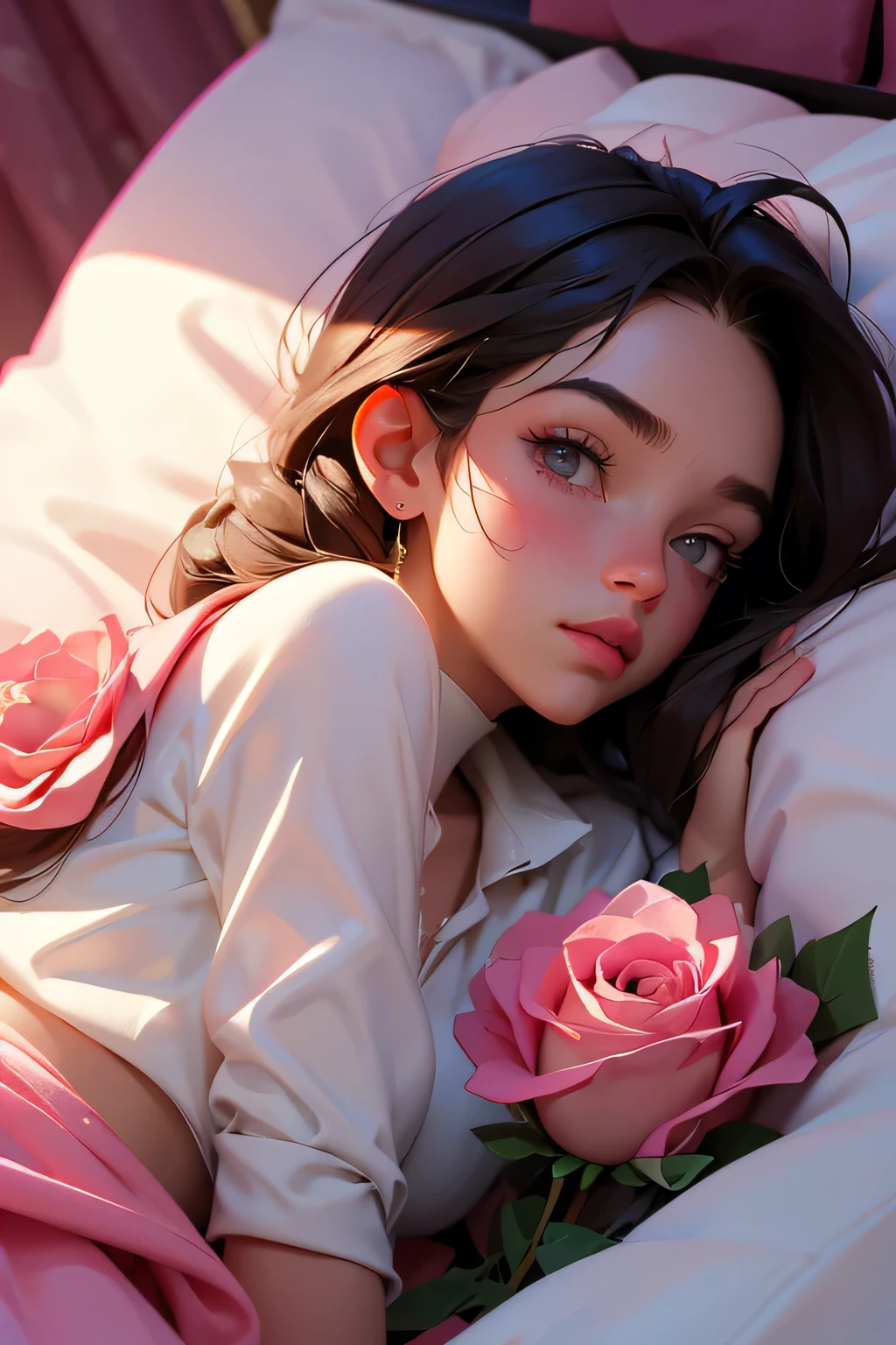 Boy lying on a bed of pink roses high quality, masterpiece, full hd, Full resolution on her face and body covered by a blanket of roses