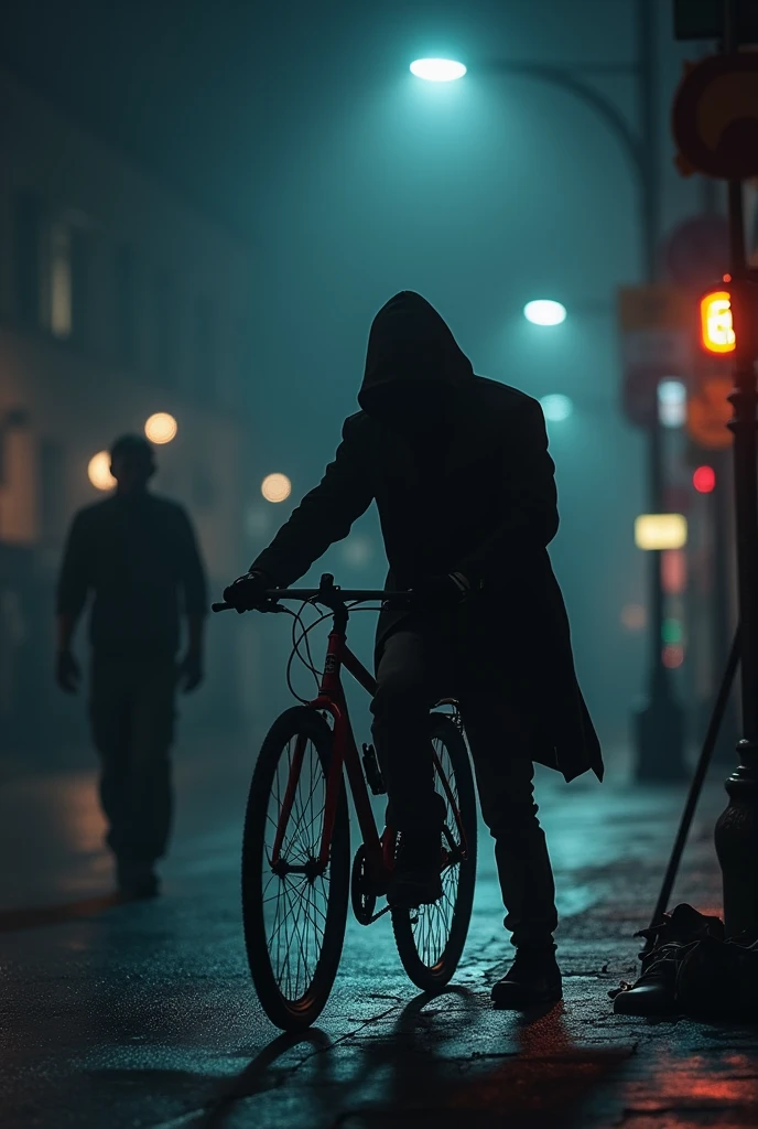 Make a photo in which a thief is stealing a bike in front of the owner
