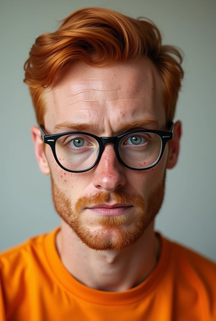 A 39 year old man with red hair and with grey eyes wearing orange shirt with freckles wearing glasses