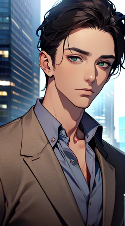 (Highest quality,4K,8K,High resolution,masterpiece:1.2),Super detailed,(Realistic,photoRealistic,photo-Realistic:1.37),1 person,35 years old,Mature Men,Beautiful skin、very handsome,Expressionless,Short gray Black hair,green eyes,Sharp Eyes,A perfect face without a doubt,Businessman, CEO, Office Background,Cinema Lighting,HDR image,tie、
