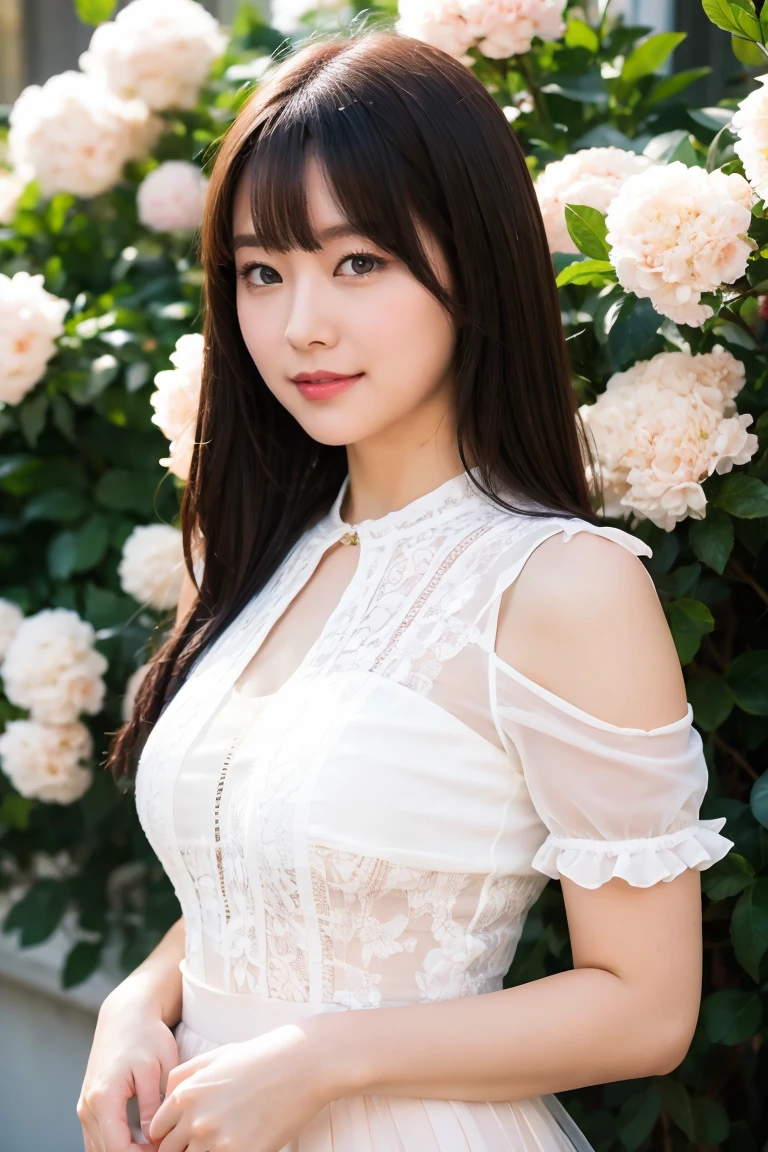 Medium Size Display, Medium Shot, Written boundary depth, bust, Upper Body, Movie angle, masterpiece, Highest quality, Very detailed, CG, 8k wallpaper, Beautiful Face, Delicate eyes, Otome, alone, smile, bangs, skirt, Formal blouse, Bouquet of lilies