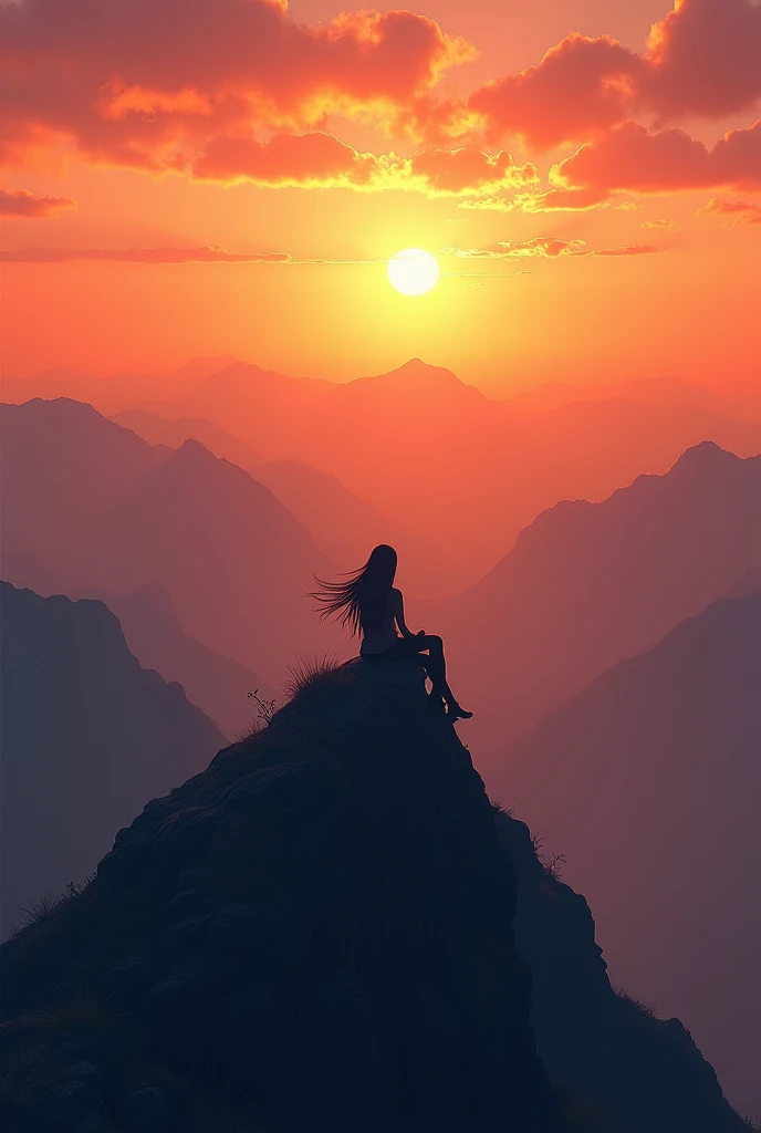 A large horizontal landscape with a panoramic view of an orange sunset with mountains, on the highest peak of the mountain the shadow of a woman sitting on her back with her hair down watching the landscape illuminated by a glow