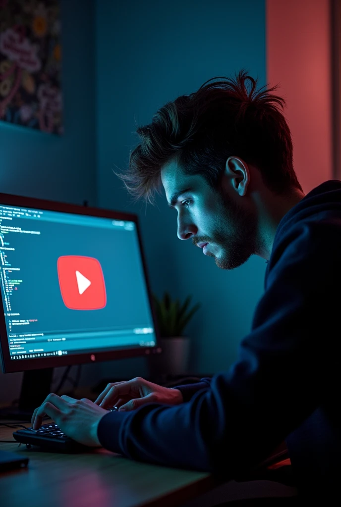 Hacker seeting forward on the chair with the pc and youtube logo on pc screen
