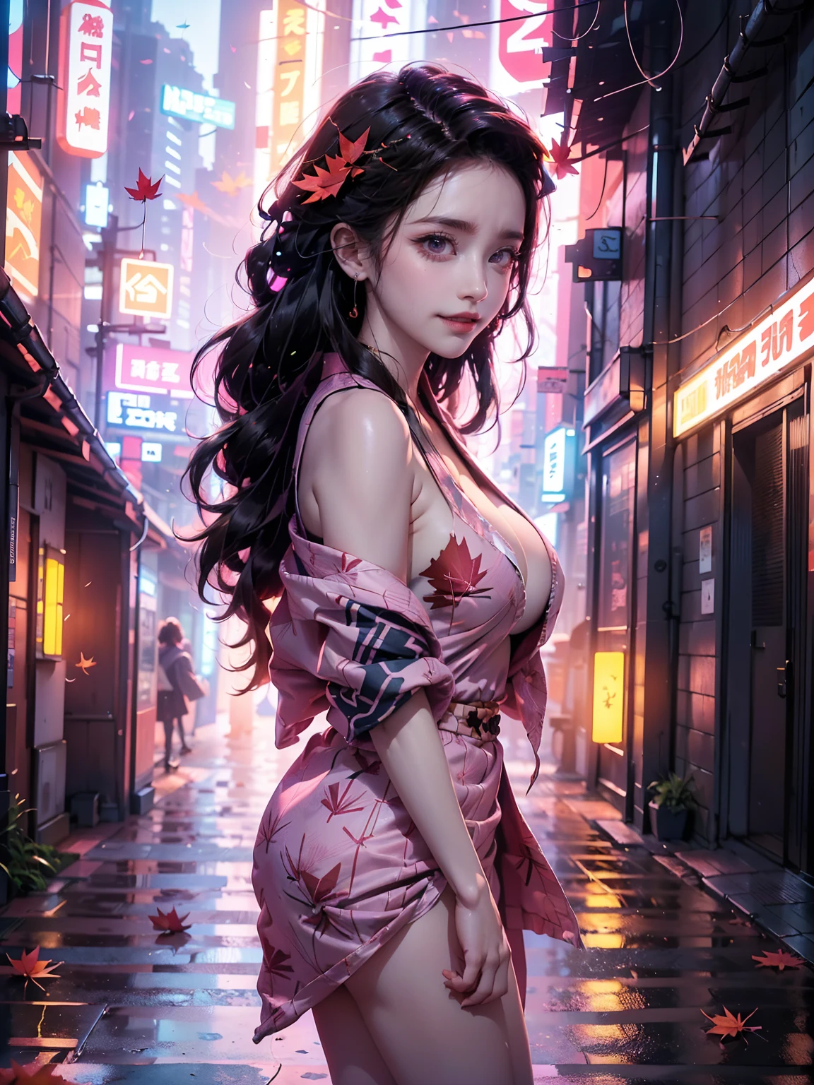 ((16K)),((masterpiece:1.3)), ((Highest quality)), ((Ultra-high resolution)), (Very detailed), ( ultra-realistic, Photorealistic:1.4), Perfect lighting,((Side light)), Surrealism,No makeup, Film Grain, chromatic aberration, Sharp focus, Face Light,((Beautiful detailsまでこだわった髪)),((Beautiful eyelashes)), Beautifully detailed face, ((Beautiful Hair)),Beautiful details, Beautiful clavicle, Beautiful body, Thin legs,Beautiful breasts, Beautiful legs, ((Detailed and carefully drawn hand)), ((Cleavage)),Pointed Chest, Perfect Anatomy, Supermodel with a long neck,((Skinny1.3)),23 years old,Looking into the camera,(Perfect Anatomy,Anatomically correct, Very detailed肌), Glowing Skin,((pale skin)),((beautiful girl:1.1)),(( large breasts:1.4)),Dainty facial structure,((Crazy smile:1.4)),((Command nezuko:1.5)), ((demon slayer)), ((pink yukata, black jacket)),((yukata)), ((light effect:1.2)), ((pink fall leaf effect:1.4)),((Flying kick:1.4)),((Show me the soles of your shoes)), ((from side:1.2)),background((Background of a colorful cyberpunk Tokyo street at night. The scene features futuristic skyscrapers illuminated by neon lights and holographic advertisements. Flying vehicles zip through the sky, while people in cyberpunk fashion walk the streets below, The walls of the buildings are adorned with giant digital screens displaying vibrant ads and animations. The ground is embedded with colorful LED lights, creating an ethereal and otherworldly atmosphere throughout the city)),((wide shot:1.6))