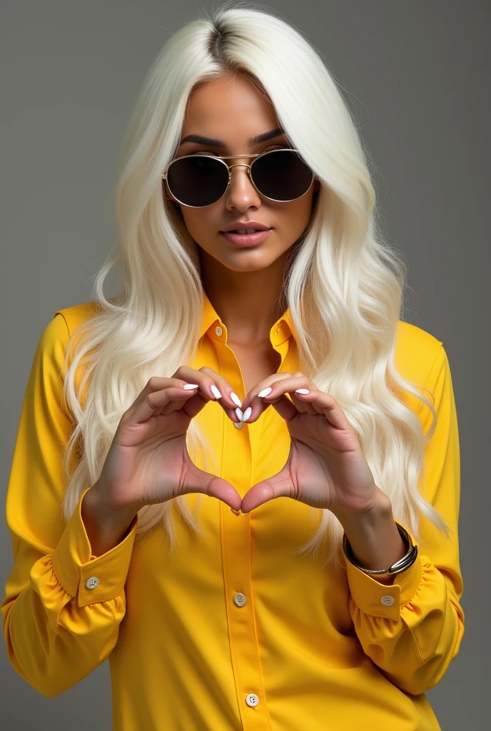 masterpiece, high quality, 4K, Beautiful design, (from the front, Whole body),Award-winning photo, Very detailed, wonderful, The finer details, Absurd, Very detailed女性, (small breasts:1.5),Wear sunglasses、Arabian woman in a yellow shirt making a heart sign, Color photography inspired by Ion Andreescu, Trending on Reddit, Pop Art, 4K'', Eva Max, Ridiculously long blonde hair, Long blonde hair and big eyes, Low quality video, Wearing the NBA jersey, Her hair is white, Twitch Emotes, She wears streetwear