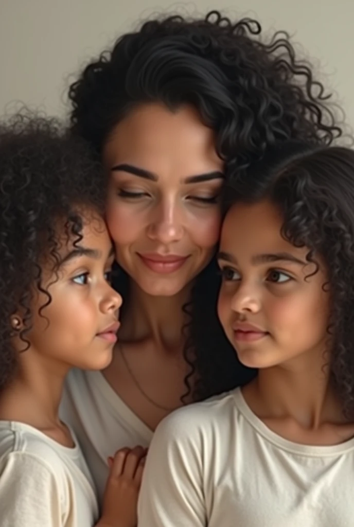 A white-skinned black-haired woman with two curly-haired daughters with white skin.