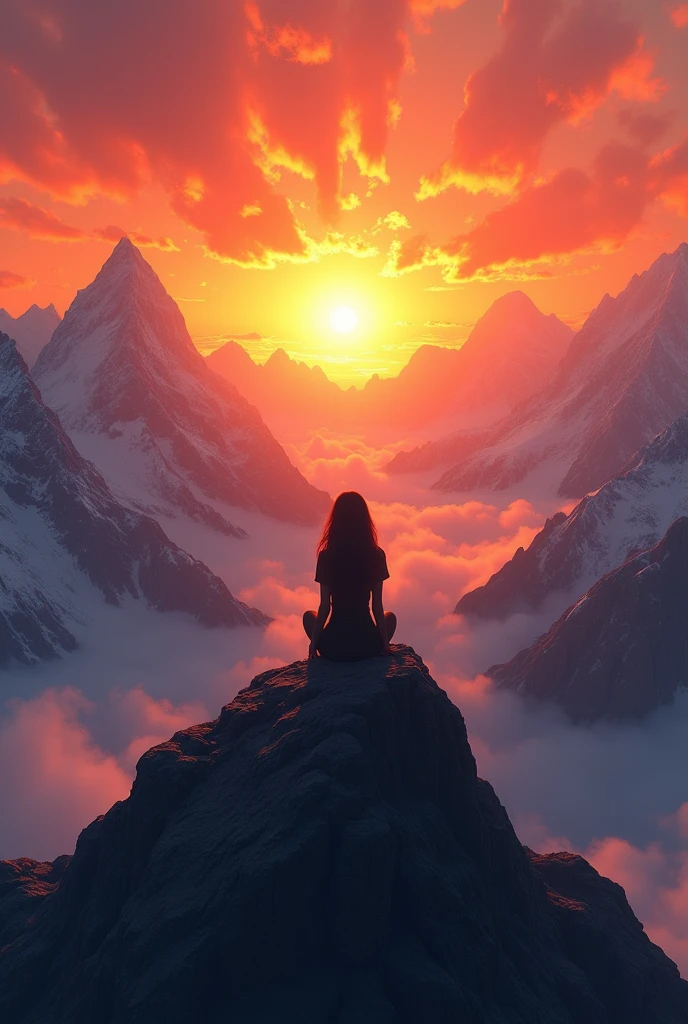 A large horizontal landscape with a panoramic view of an orange sunset with mountains, on the highest peak of the mountain the shadow of a woman sitting on her back with her hair down watching the landscape illuminated by a glow