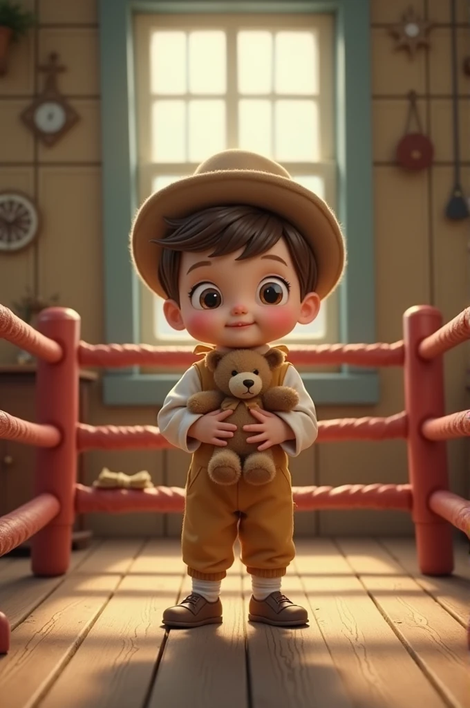 A 2-year-old boy in a vintage outfit in a cute little boxer holding a teddy bear