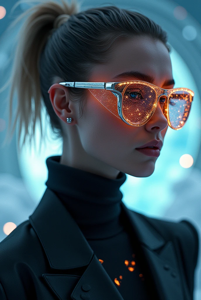 The model is wearing glass sunglasses with stars and the moon on the glass