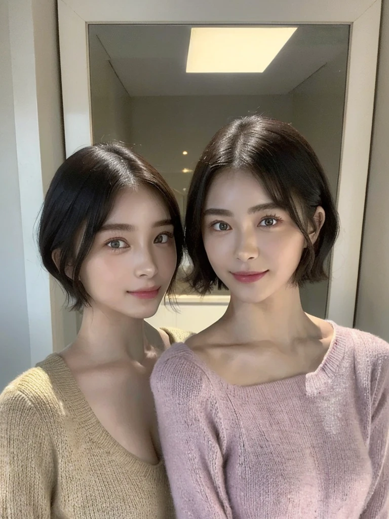 (masterpiece:1.3), (8k, Photoreal, Raw photo, best image quality: 1.4), Japanese high school girl、(random hairstyle:1.2)、cleavage:1.5、super detail face、eye for details、double eyelid、chest to chest、sharp focus:1.2、Beautiful woman:1.4、light brown hair、highest quality、masterpiece、超A high resolution、(Photoreal:1.4)、Highly detailed and professionally lit smiles、loose and light knitwear、shoulder out、thin、serious expression、short haired、deadly position
similar identical twins
All the girls have the exact same face, The two have the same face and figure, as if they were mirror images.